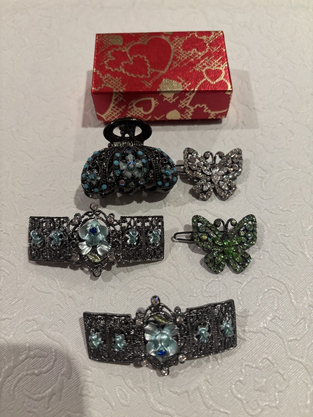 Assorted Women’s Hair Clips and Brooch Set - Blue, Green, Clear Crystals